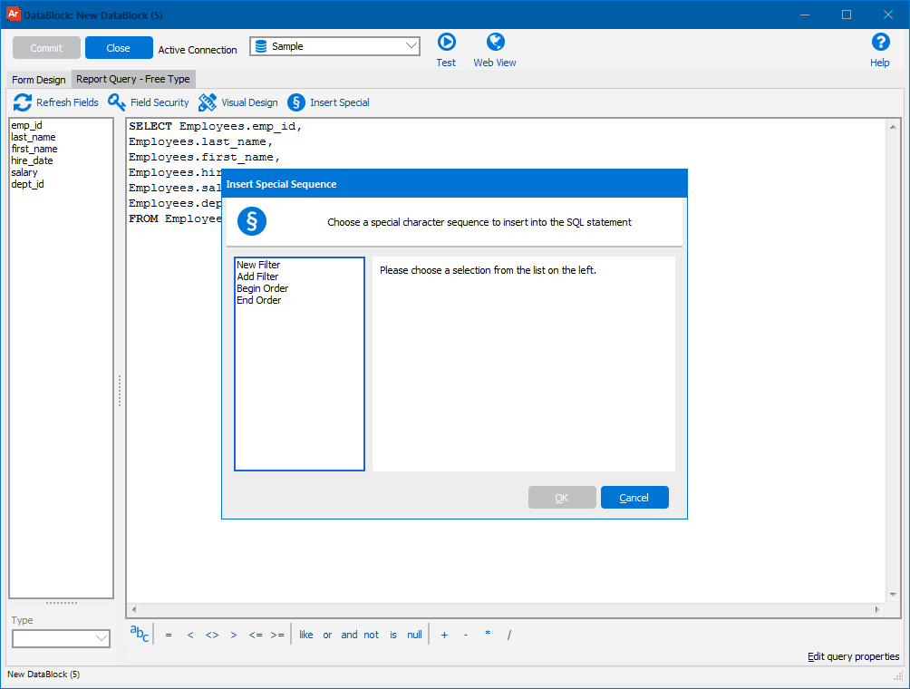 This shows the Insert Special Sequence dialog box.
